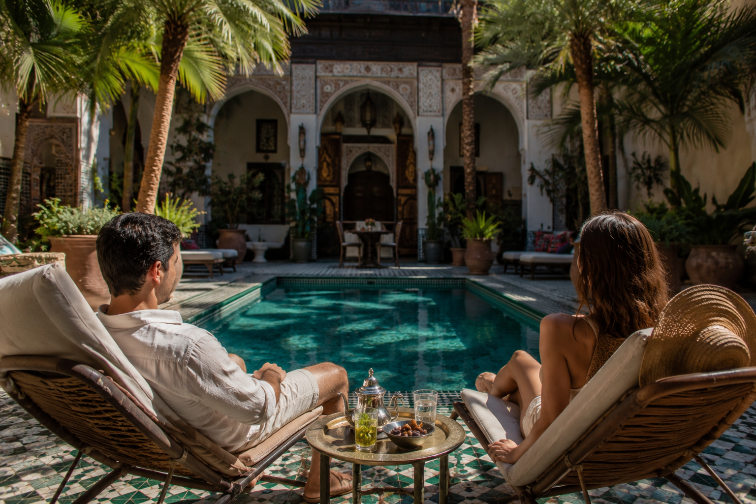 Honeymoon couple relaxing beside a luxury riad pool in Marrakech – 8-Day Private Casablanca Honeymoon – Imperial Cities & Sahara
